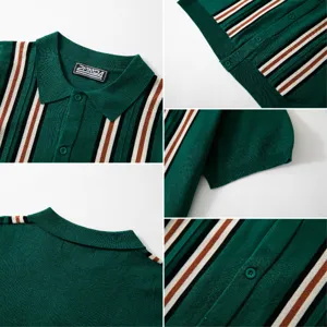 Detailed close-up view of a green vertical striped knitted Polo shirt showing texture