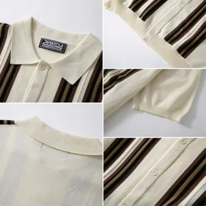 Macro detail views of a men's knitted short sleeve Polo cardigan with vertical stripe patterns