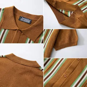 Close-up detail of a brown striped knitted polo shirt showing fabric texture and buttons