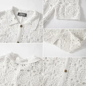 Détail macro de la texture en maille crochet ajourée blanche sur ce cardigan Polo