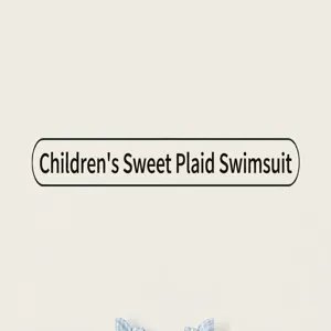 Kids sweet plaid one-piece swimsuit detail view, stylish blue check design for summer beach.