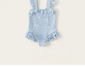 Cute baby girls one-piece swimsuit light blue plaid ruffles cute bows summer beach swimwear