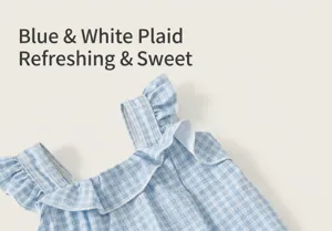 Girls cute blue white plaid one piece swimsuit detail ruffle flutter sleeves vacation swimwear