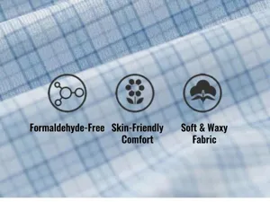 Blue grid fabric detail close-up showing soft texture and comfortable material quality.