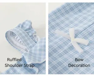 Close up detail shot of girls blue white checkered swimsuit featuring cute ruffle straps bow.