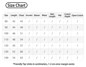 Children swimwear size chart detail showing length and bust measurements for toddler kids.