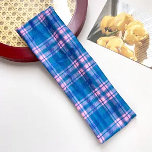 Blauw roze ruit sport haarband elastische fitness haarband zachte stretch zweetband
