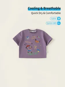Μωβ παιδικό κοντομάνικο t-shirt με χαριτωμένο τύπωμα σκύλου, χαλαρό καλοκαιρινό τοπ.