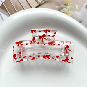 Cute transparent square hair claw clip with red bows, sweet hair accessory for women.