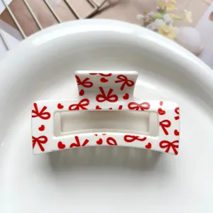 Sweet red bow print square hair claw clip white resin cute shark clip for women daily hair styling