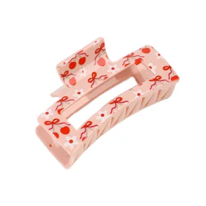 Cute pink cherry hair claw clip for women, sweet geometric square hair catch for daily styling.