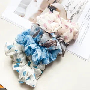 Summer chiffon rhinestone hair scrunchies sweet elegant cute floral hair ties for women.