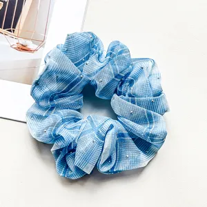 Blue chiffon rhinestone hair scrunchie, elegant plaid design for women and girls daily wear.