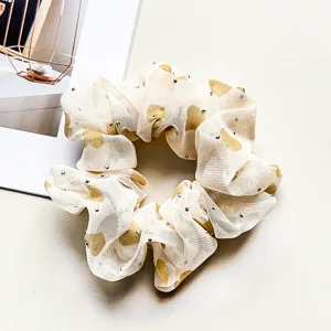 Chiffon rhinestone hair scrunchie detail view, elegant sheer fabric with sparkling crystal accents.