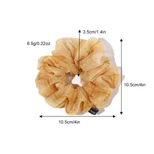 Gold chiffon rhinestone hair scrunchie for women, elegant sparkly mesh hair tie and cute hair accessory.