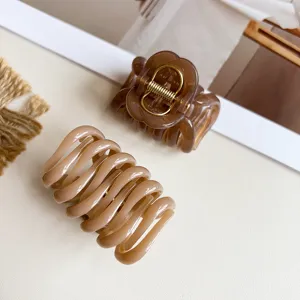 Detailaufnahme von stilvollen braunen und beigen Haarklammern, schickes Accessoire für Frisuren.