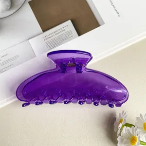 Vista dettagliata del fermaglio per capelli viola trasparente minimalista con molla e finitura.