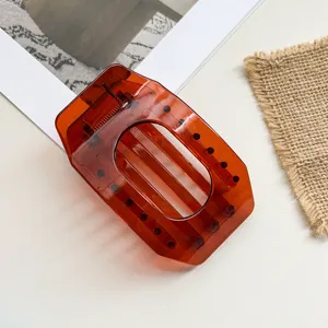 Large transparent flat hair claw clip amber brown hollow oval acrylic hairpin for daily style.