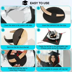 Detailed view showing installation steps and wearing effect of the graduation cap hairband.