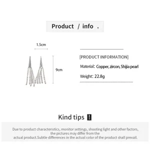 Elegant French zircon triangle tassel pearl earrings with 1.5cm width and 9cm height.