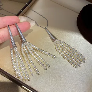 French Luxury Freshwater Pearl Tassel Earrings Necklace Alloy Rhinestone Triangle Long Drop Earrings For Women Fashion Jewelry