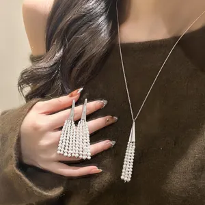 French zircon triangular pearl tassel earrings and matching necklace set for elegant daily wear