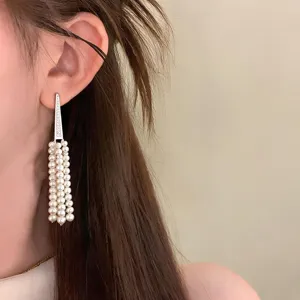 French Zircon Triangle Pearl Tassel Stud Earrings Elegant Light Luxury Fashion Jewelry for Women