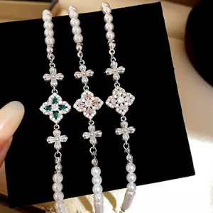 French Vintage Copper Artificial Pearl Strand Bracelet Luxury Colorful Rhinestone Flower Clover Charm Bracelet For Women Elegant Wrist Hand Jewelry Gift