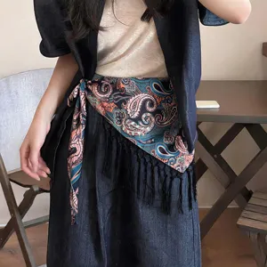 Bohemian paisley triangular silk scarf fringe waist seal women fashion layering accessory