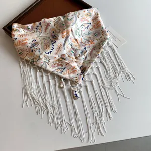 Bohemian paisley triangular silk scarf with white fringe, stylish resort style waist belt for women.