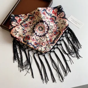 Bohemian ethnic paisley triangular silk scarf with black fringe resort layering waist belt