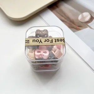 Gros plan de mini pinces à cheveux mignonnes dans une boîte transparente, parfaites au quotidien.