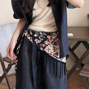 Bohemian paisley print triangle scarf with fringe, stylish waist belt for holiday.