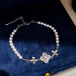 Elegant pearl and zircon flower bracelet, French vintage style chic wrist jewelry for women