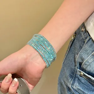 Bracciale elastico in strass di cristallo turchese multistrato moda lusso elegante dettaglio