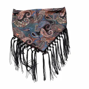 Brown bohemian paisley triangular silk scarf with black fringe waist cincher main view.