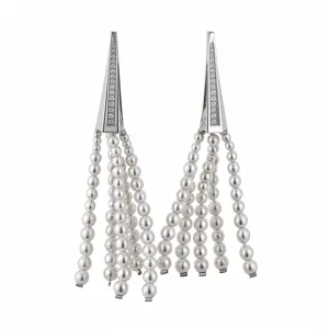Silver triangular zircon multi-strand pearl tassel drop earrings minimalist fashion jewelry.