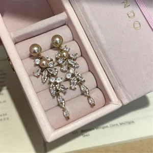 Gros plan détaillé de boucles d'oreilles perles et zircon dans une boîte à bijoux rose élégante.