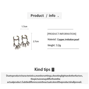 Detail view showing copper imitation pearl drop ear cuffs with size and material info.
