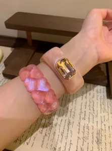 Pink resin rhinestone bangle and heart charm bracelet set for women chic jewelry