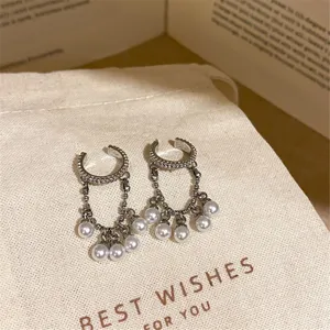Silver pearl tassel ear cuffs without piercing, elegant drop earrings for women daily wear.