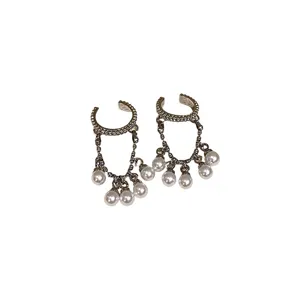Pearl tassel ear cuffs for women, clip-on earrings with sparkling crystal band, elegant chic jewelry