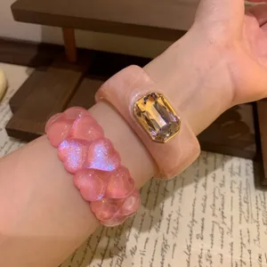 Pink resin crystal bangle and sparkly heart bracelet set for women fashion trendy jewelry.