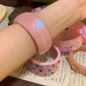 Wide pink glitter resin bangle bracelet, sweet style chic sparkly fashion jewelry for women