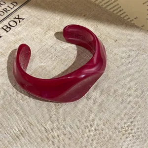 Rose red acrylic cuff bracelet, translucent resin bangle, minimalist fashion jewelry for women.