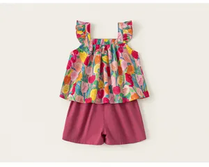 Set abbigliamento estivo bambina piccola top con volant floreale e pantaloncini rosa