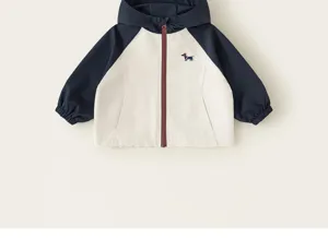 Girls hooded jacket with raglan sleeves and cute dog embroidery for autumn season details.