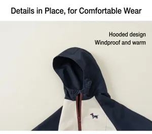 Kids hooded jacket detail view, contrast color design, raglan sleeves, comfortable wear.