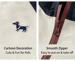 Detail shot of kids jacket zipper and cute dog embroidery with contrast color sleeves.