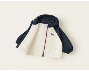 Kids colorblock hooded jacket with raglan sleeves and cute puppy embroidery. Detail view.